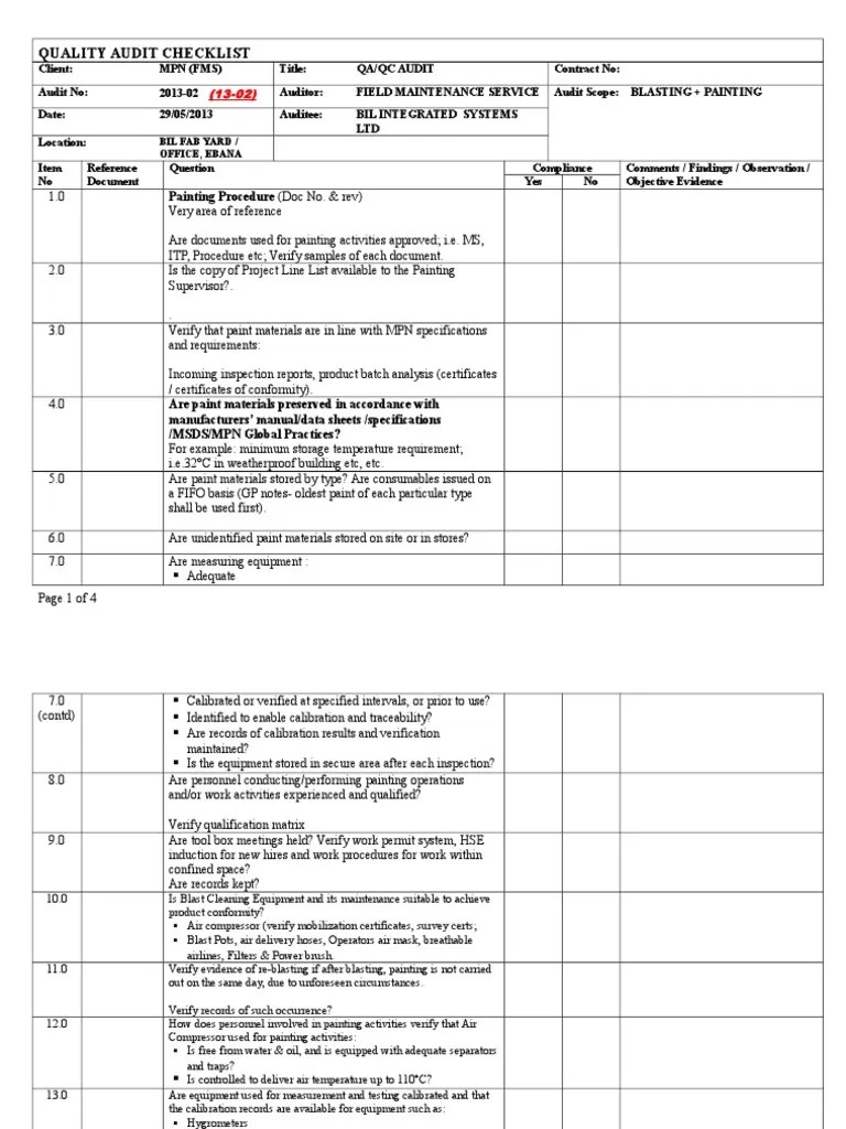 Audit Checklist Blasting Painting1 Conservation And Restoration