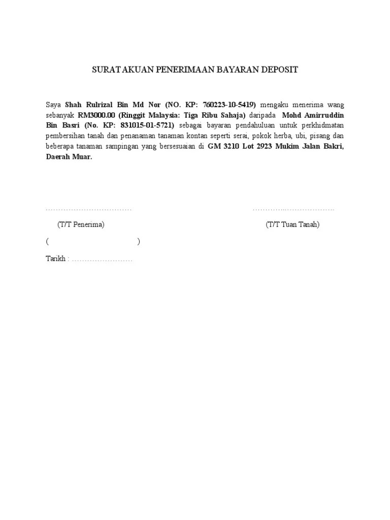 contoh surat pemulangan deposit