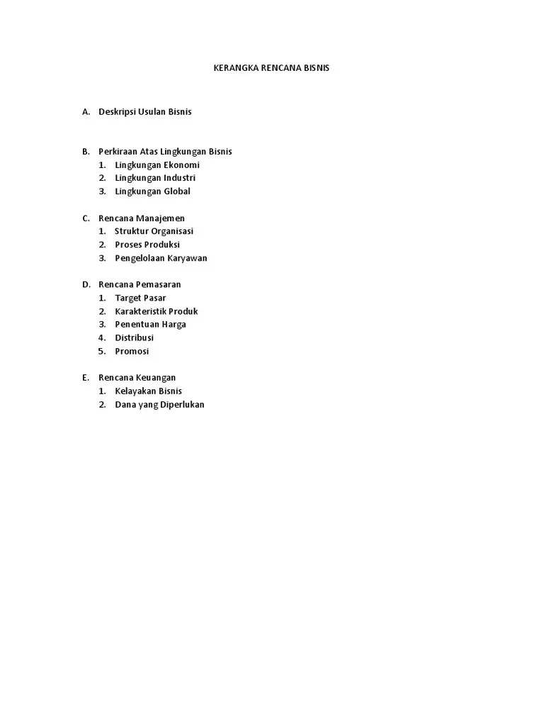 Contoh Kerangka Rencana Bisnis (Business Plan) Sederhana PDF