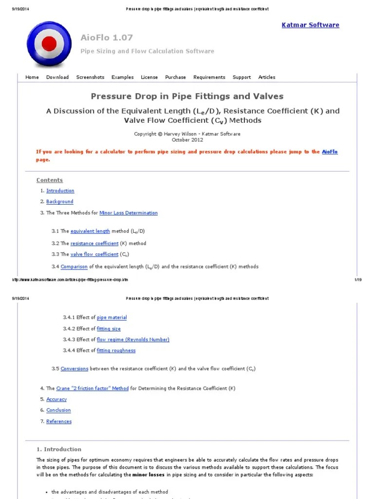 Pressure Drop in Pipe Fittings and Valves Equivalent Length and