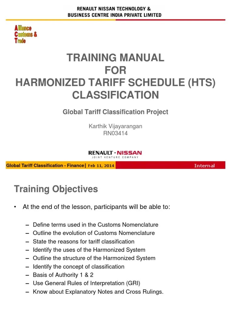Training Manual For Harmonized Tariff Schedule (HTS) Classification
