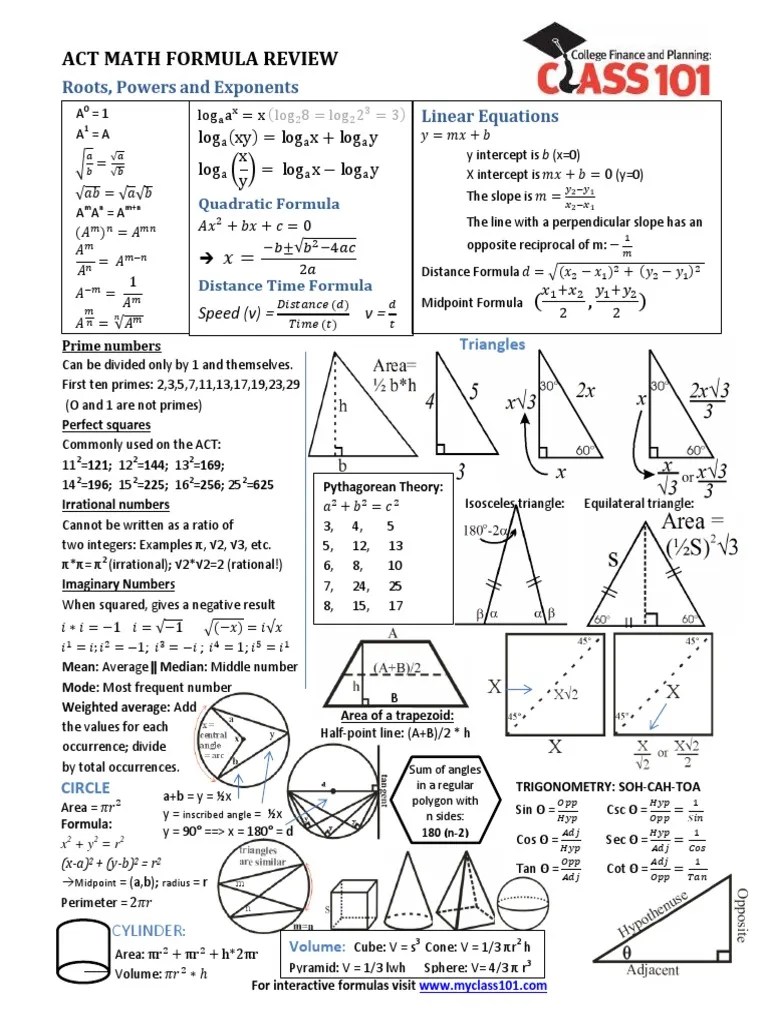 ACT Math Formulas Interactive | PDF | Square Root | Area