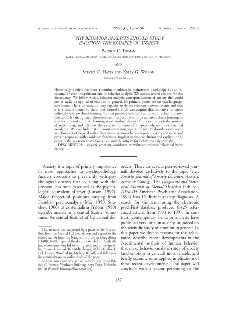 Friman, Hayes and Wilson Why Behavior Analysts Should Study Emotion