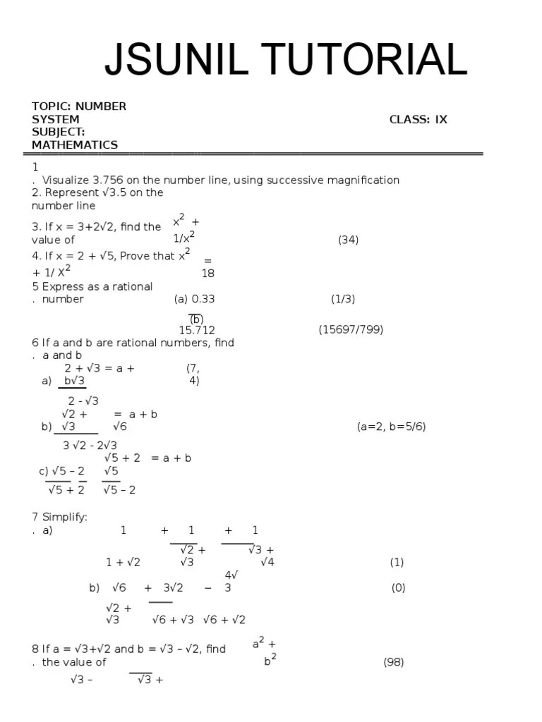 9th Maths Number System Test Paper Worksheet Science