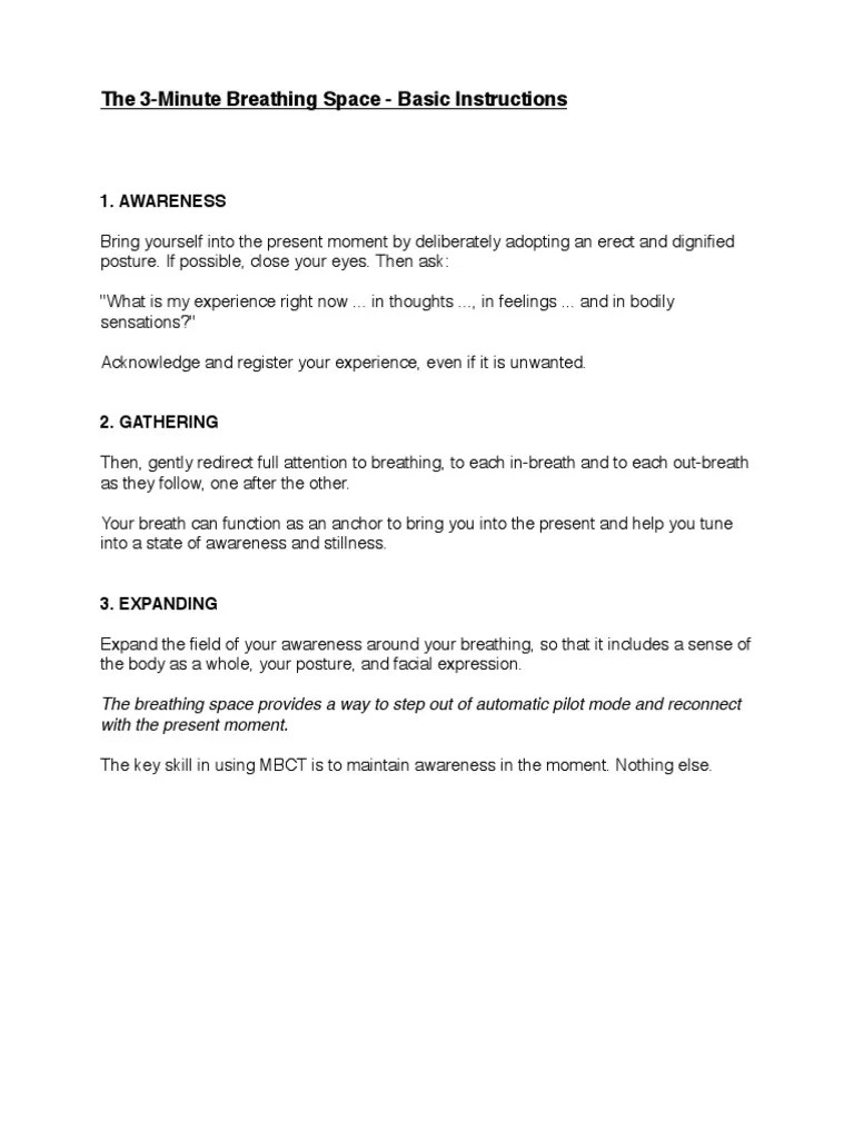 The 3Minute Breathing Space Basic Instructions 1. Awareness PDF