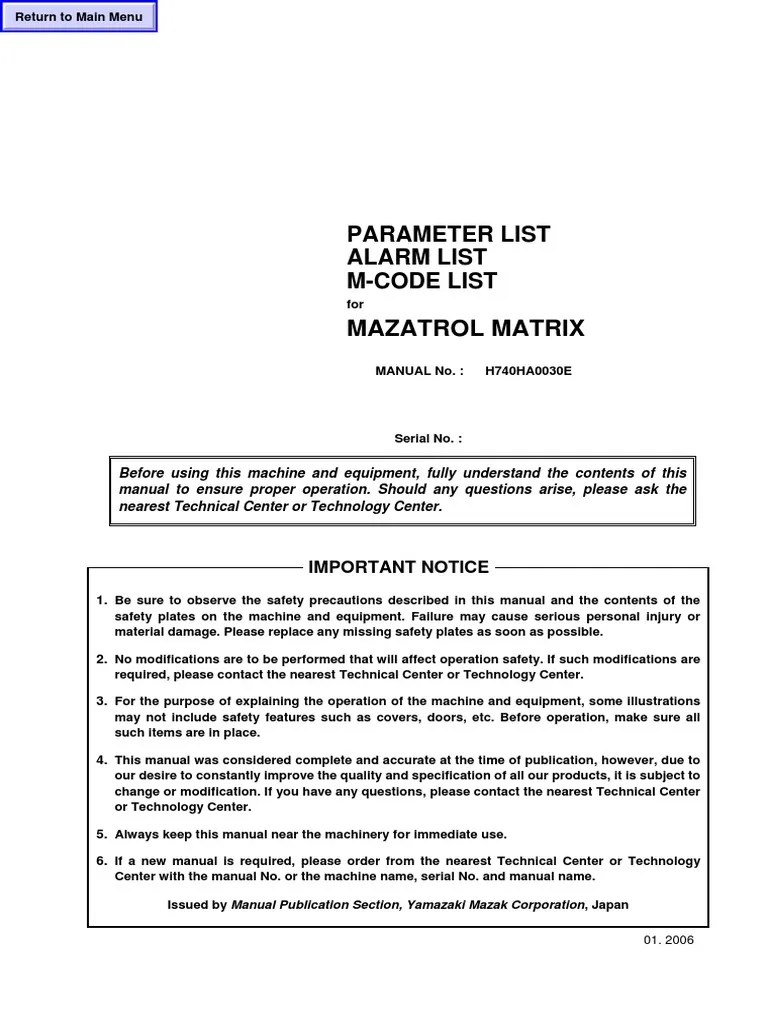 Mazak Parameter List, MCodes, Alarm Manual Forl Matrix Numerical