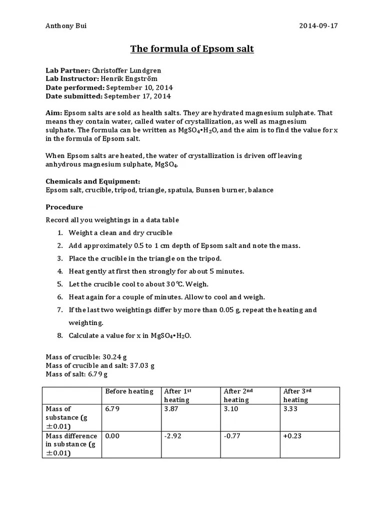 The Formula of Epsom Salt Lab Report PDF Mole (Unit) Mass