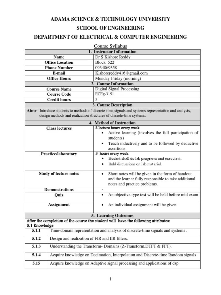 Dsp Course Outline Digital Signal Processing Signal (Electrical