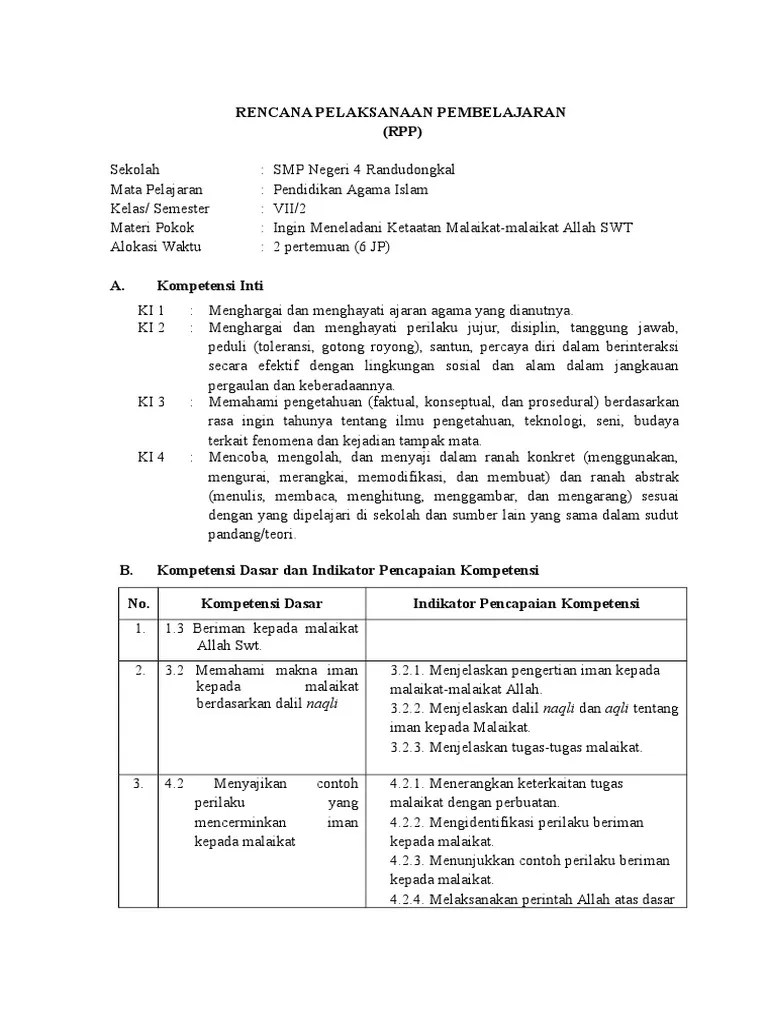 Iman Kepada Malaikat Allah SWT - RPP | PDF