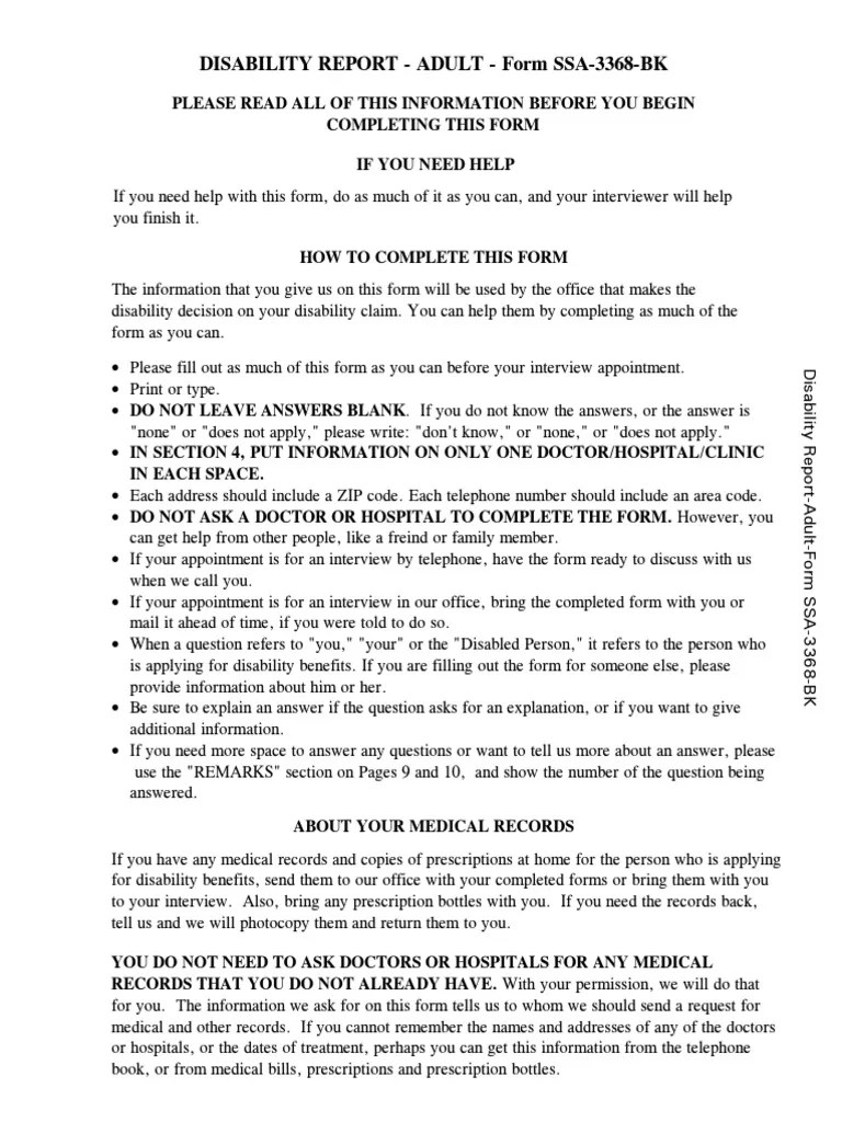 Disability Report - Adult -Form SSA-3368-BK | Public Services | United