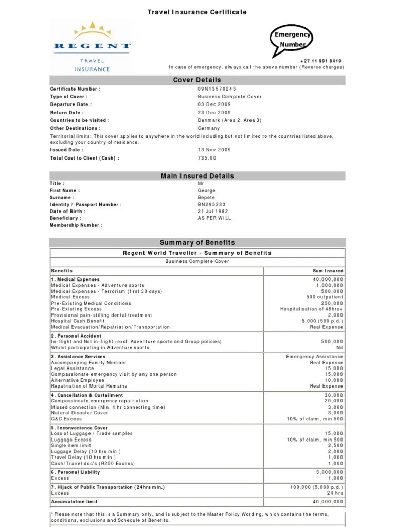 Travel Insurance Certificate Insurance Human Resources