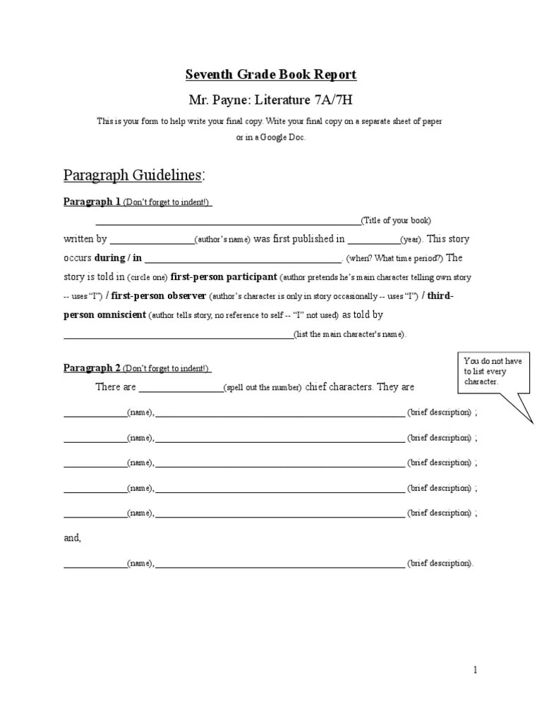 7th Grade Book Report Form PDF Paragraph Feeling