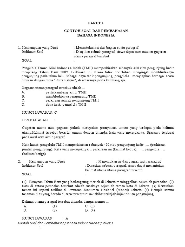 Contoh Soal UN Bahasa Indonesia SMP Pk1 Dan Pembahasannya