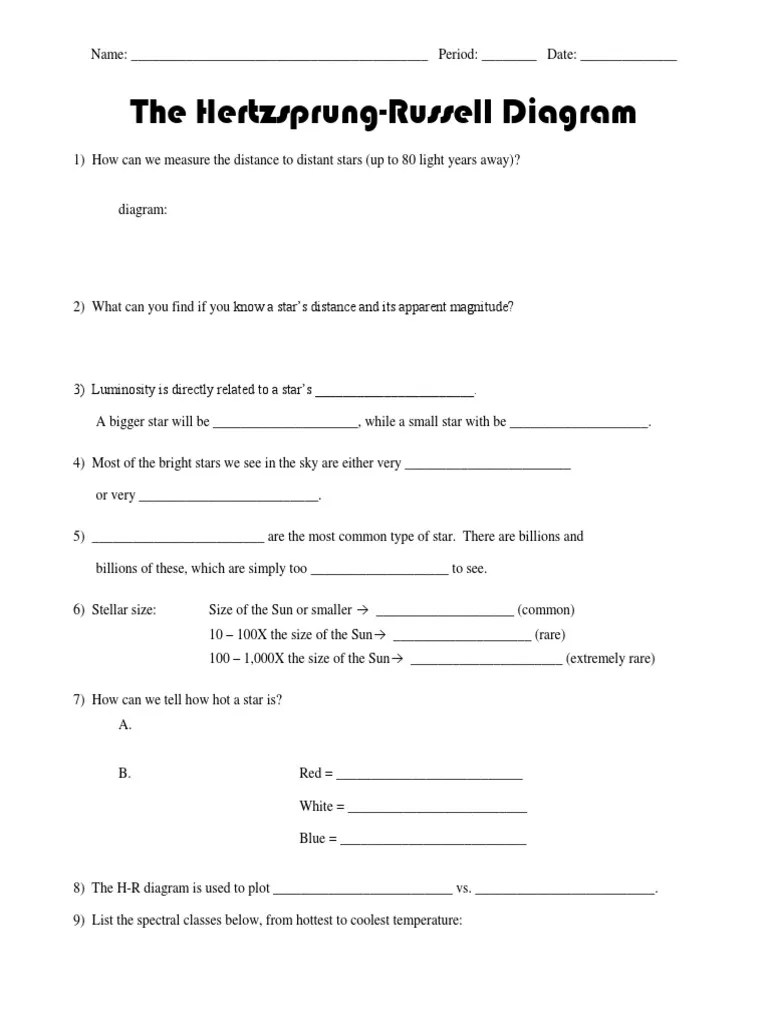 h-r diagram worksheet | Stars | Apparent Magnitude