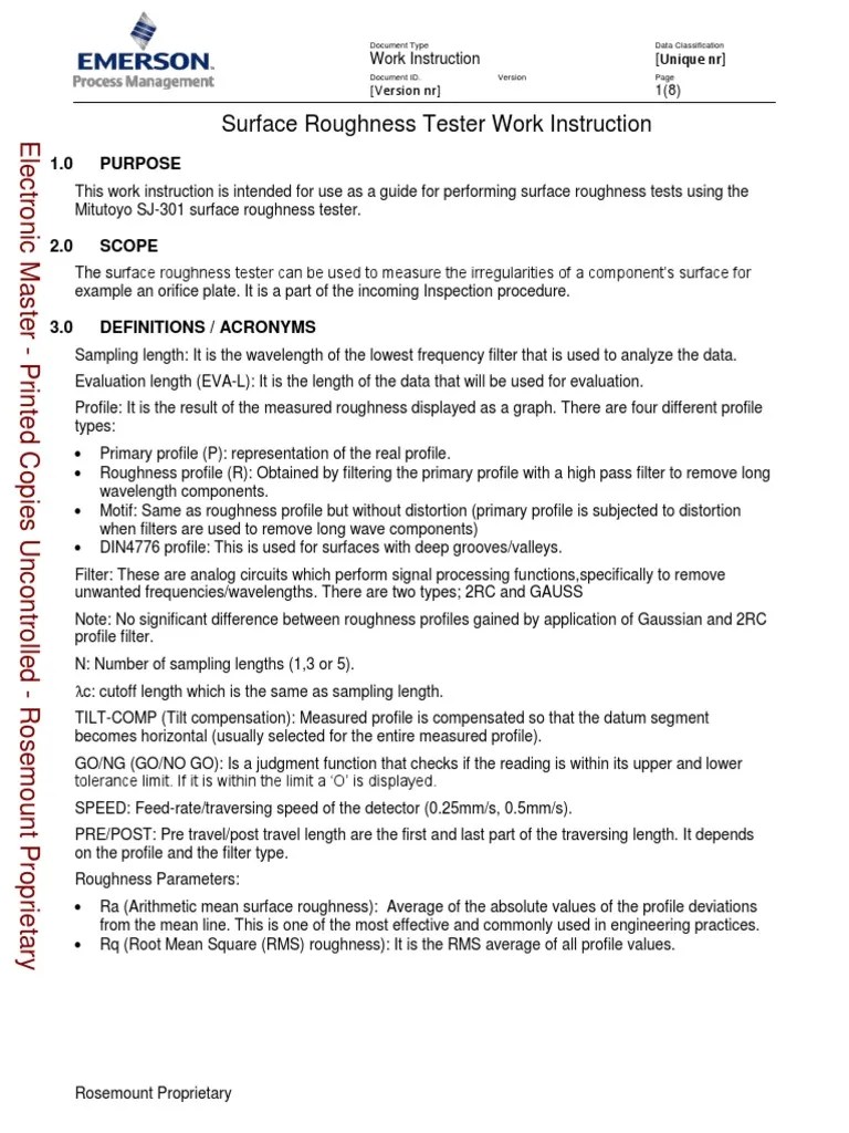 Surface Roughness Tester Work Instruction PDF Surface Roughness