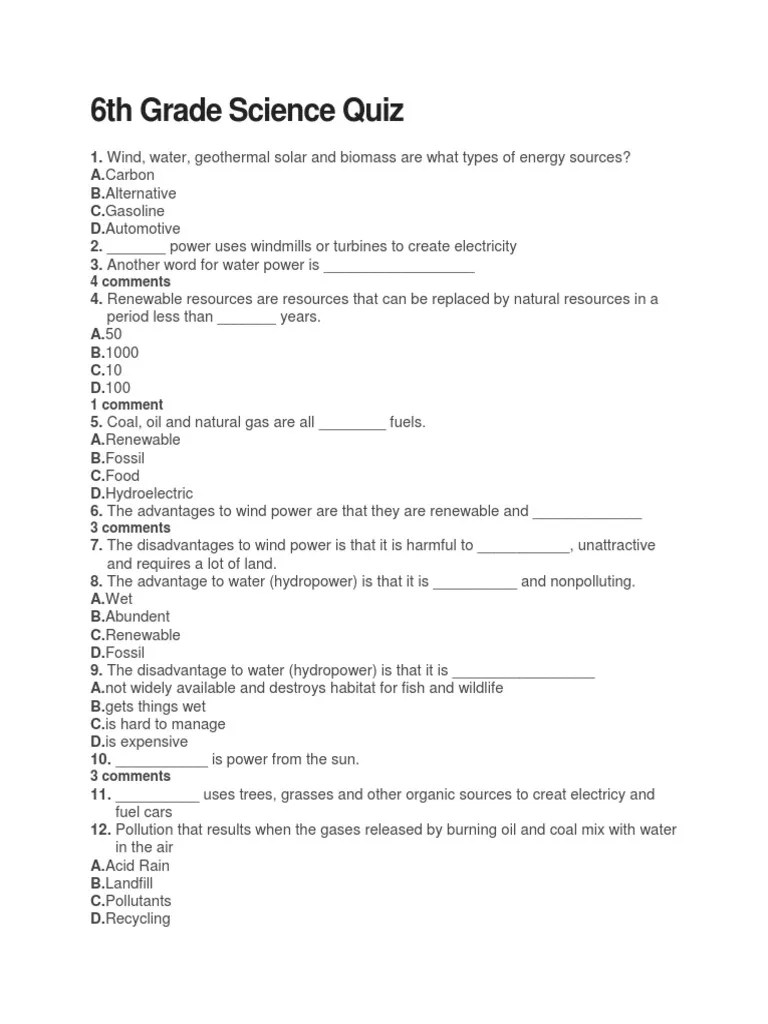 6th Grade Science Quiz Renewable Energy Force