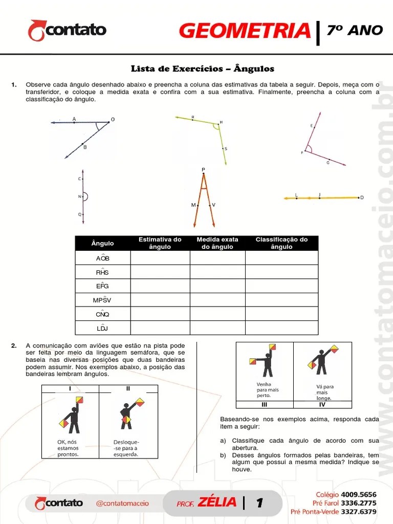 Lista de Exercícios Ângulos 7 ano Ângulo Geometria
