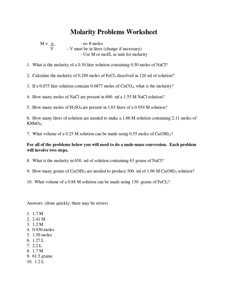 The Mole And Volume Worksheet Answers / Worksheet A A A Ideal Gas Law