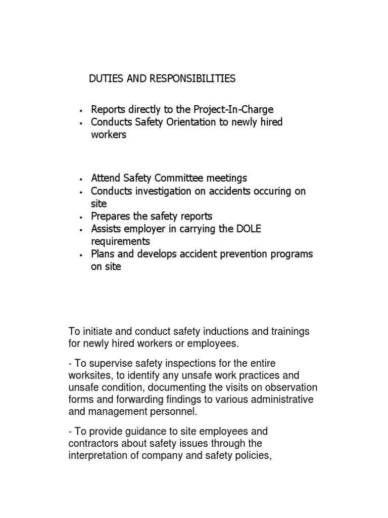 Duties and Responsibilities of Safety Officer Updated PDF Safety