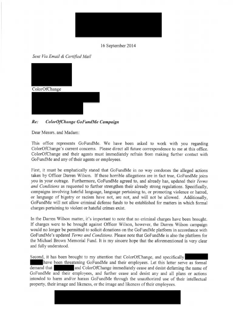 GoFundMe Cease and Desist Letter to ColorOfChange With Updated Redactions