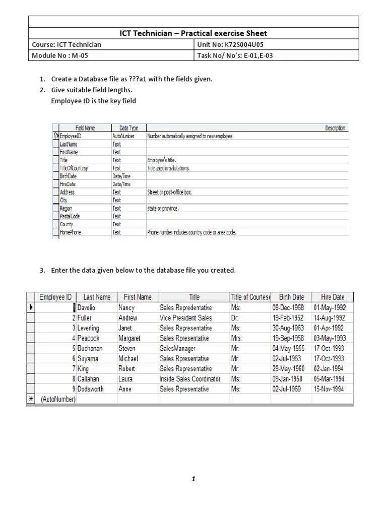 Exercise Sheets(M 05) Microsoft Access Databases