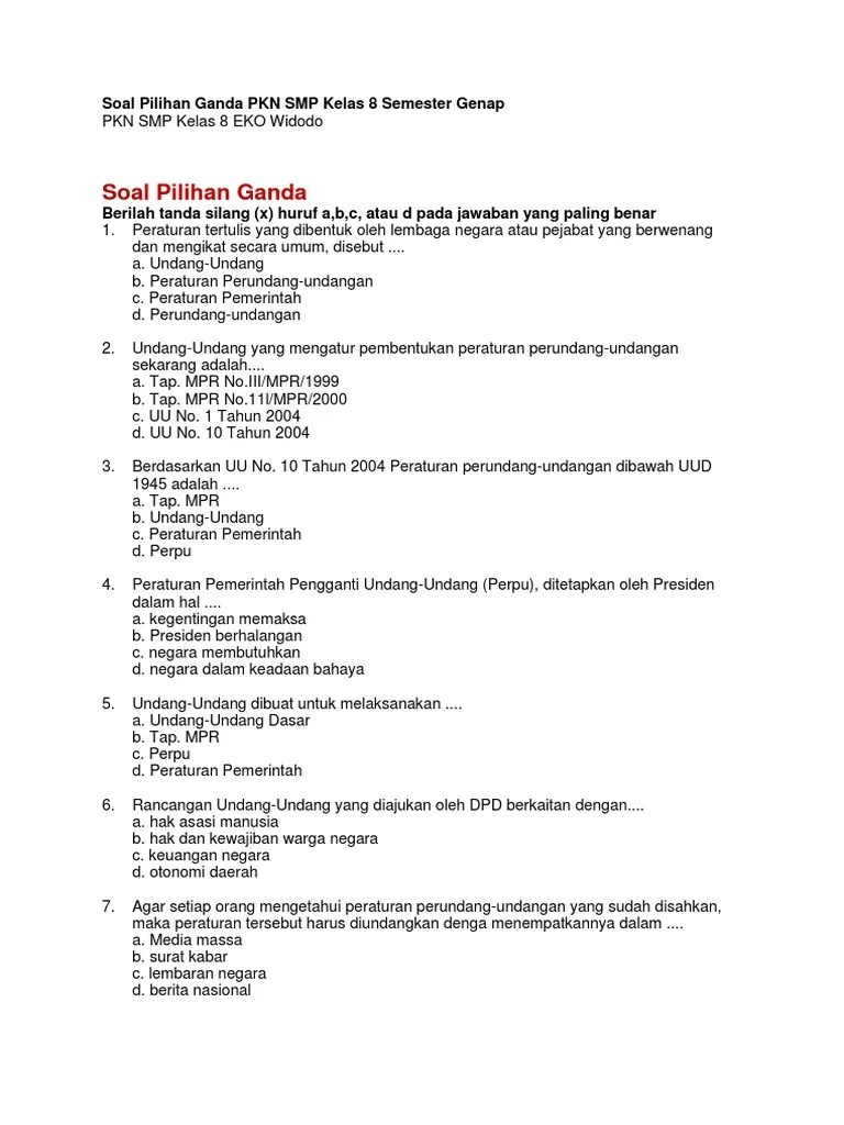 Soal Pilihan Ganda PKN SMP Kelas 8 Semester Genap OK | PDF