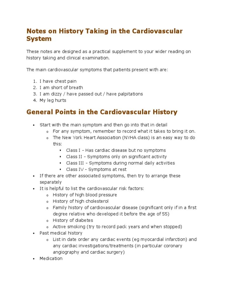 Notes On History Taking in The Cardiovascular System PDF Myocardial