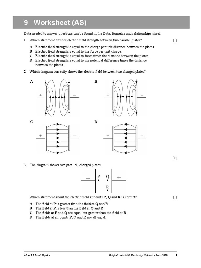 Worksheet 09 Electric Field Voltage