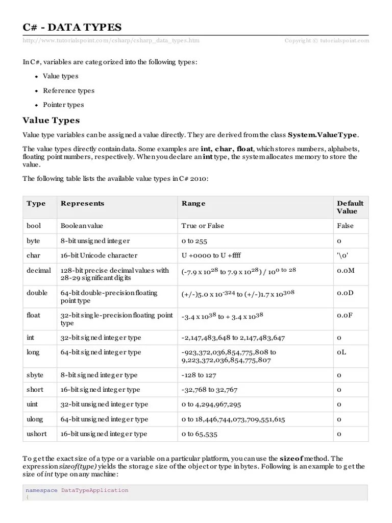 3 Csharp Data Types PDF Data Type Integer Science)