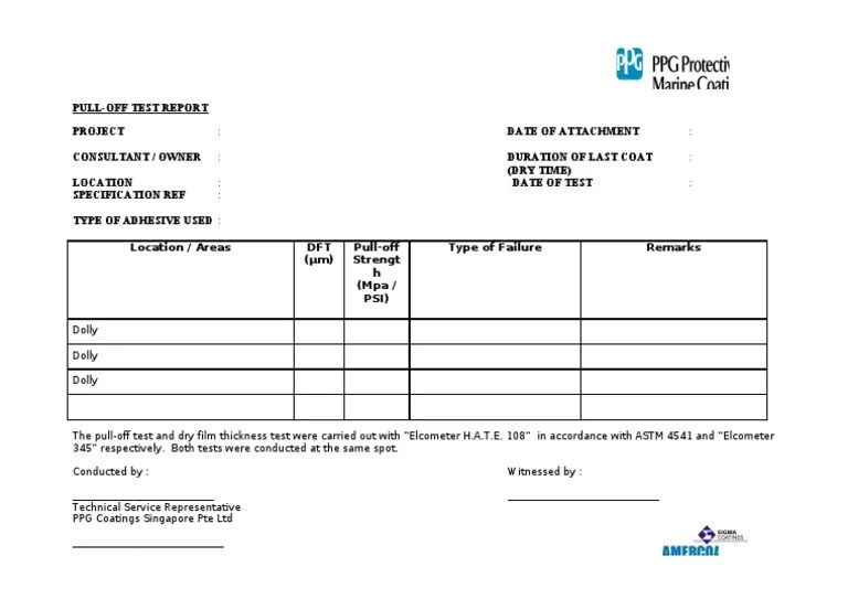 PPG PullOff Test Report Format Materials Building Engineering