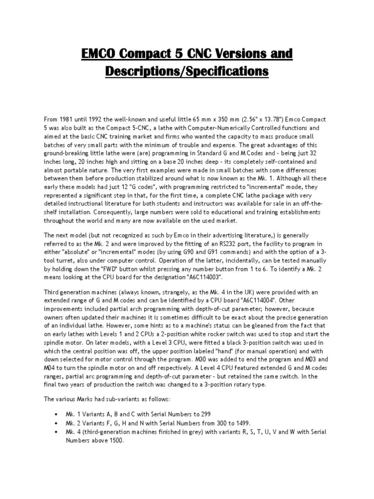 EMCO Compact 5 CNC Versions and Specs PDF | PDF | Computer Architecture