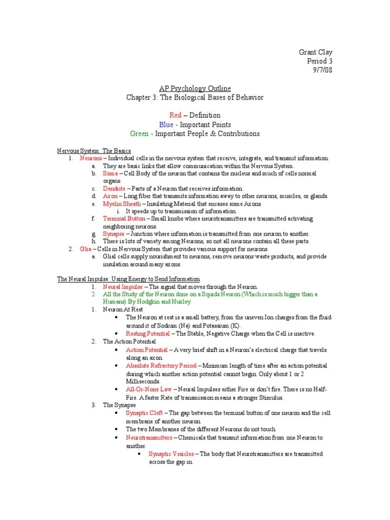 Grant Clay Period 3 9/7/08 AP Psychology Outline Chapter 3 The