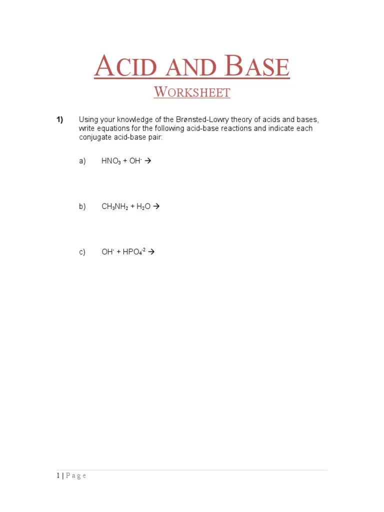 Acid Base Worksheet Acid Analytical Chemistry