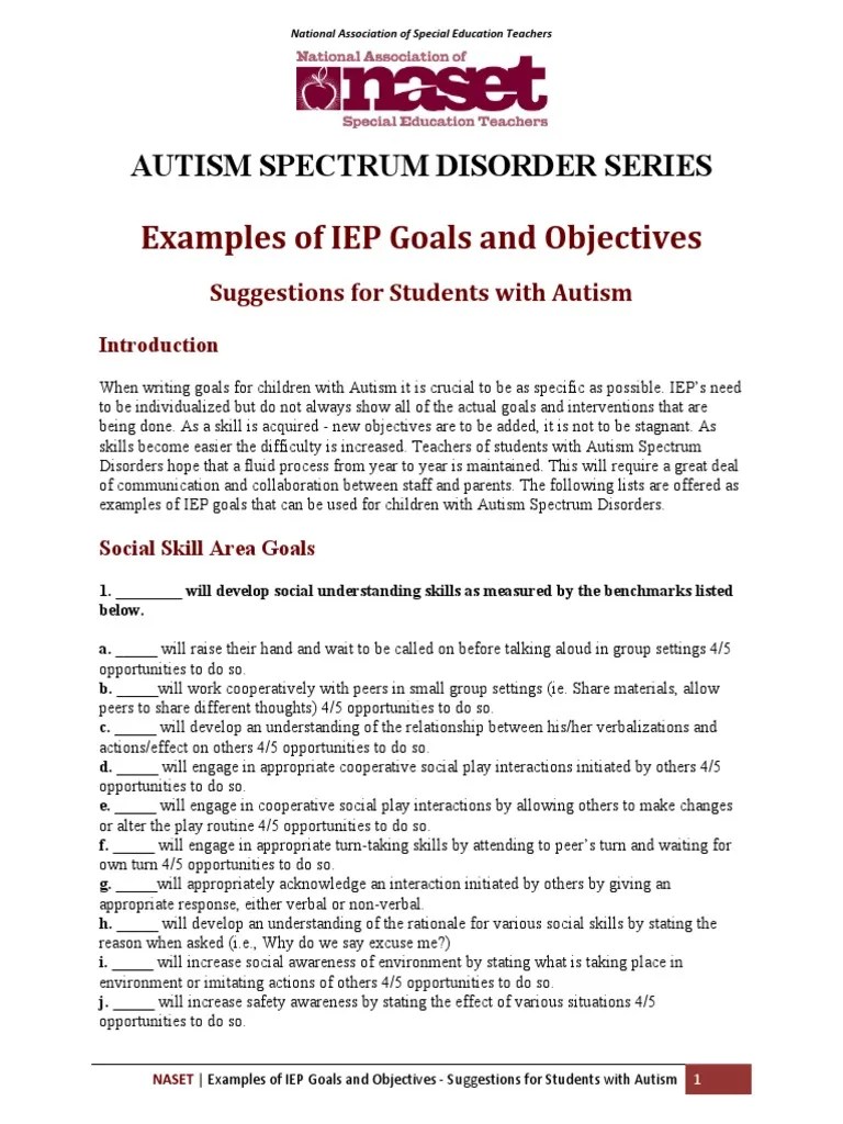 Examples of IEP Goals and Objectives For ASD Individualized