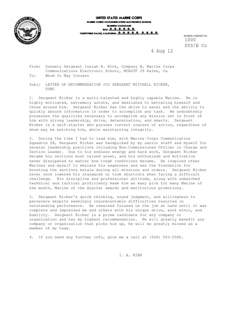 Letter of 1 United States Marine Corps Sergeant