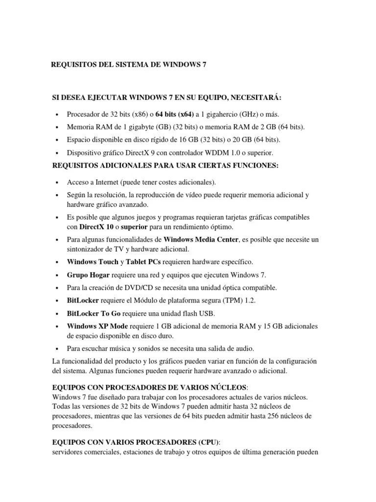 requisitos del sistema de windows 7 Windows 7 Computación de 64