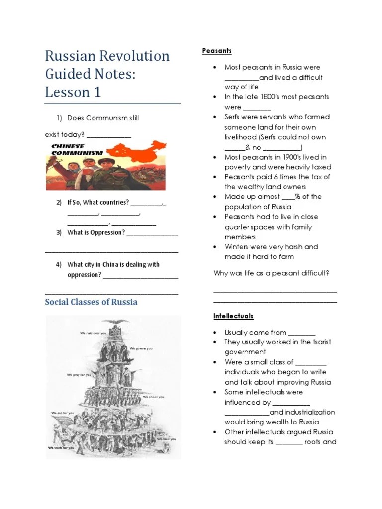 russian revolution lesson 1 guided notes Peasant Russian Empire