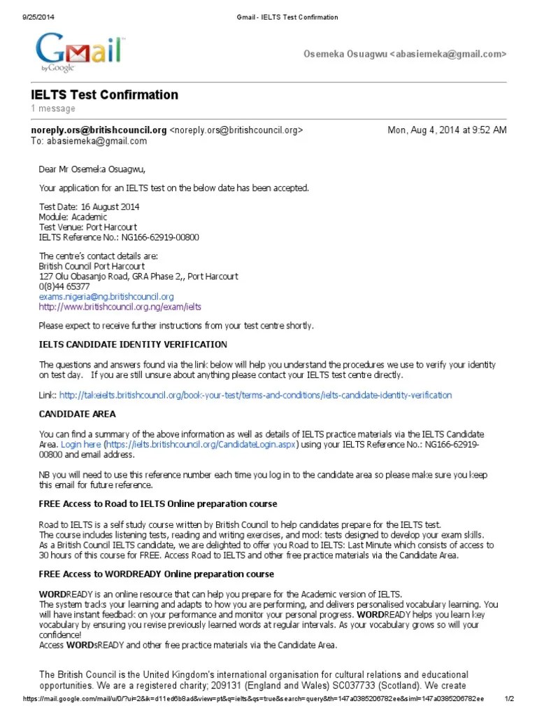 Gmail IELTS Test Confirmation International English Language
