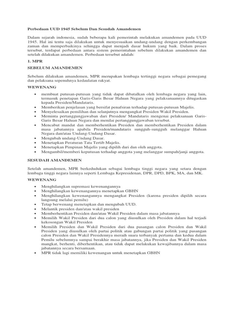 Perbedaan UUD 1945 Sebelum Dan Sesudah Amandemen | PDF