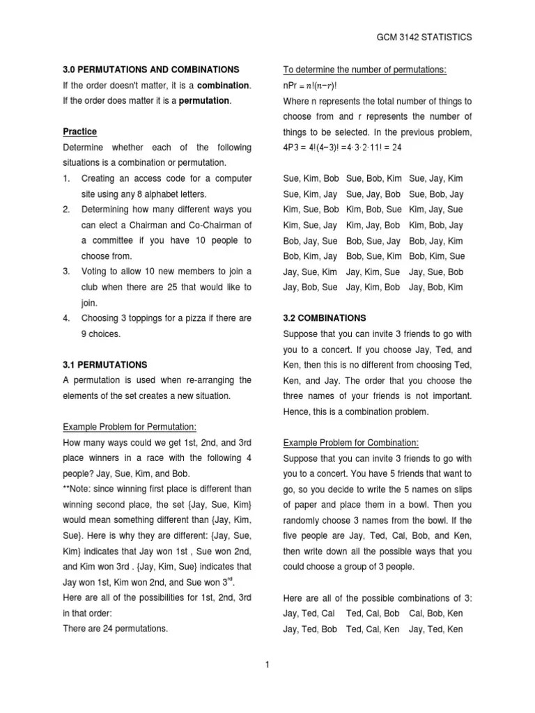 Permutations and Combinations Worksheet Permutation Mathematics