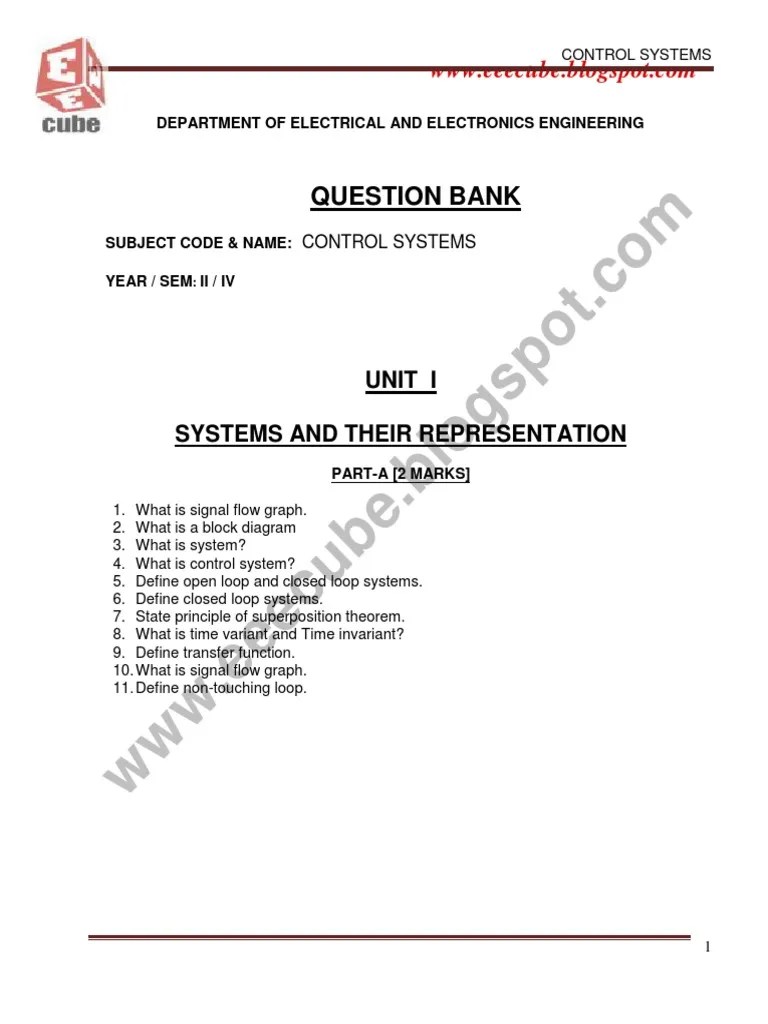 Control System Question Bank PDF Control Theory Systems Theory