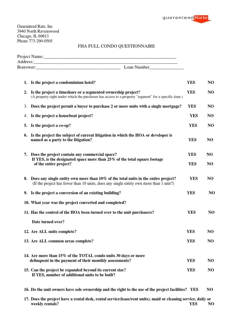 FHA FULL Condo Questionnaire 1209 Condominium Property