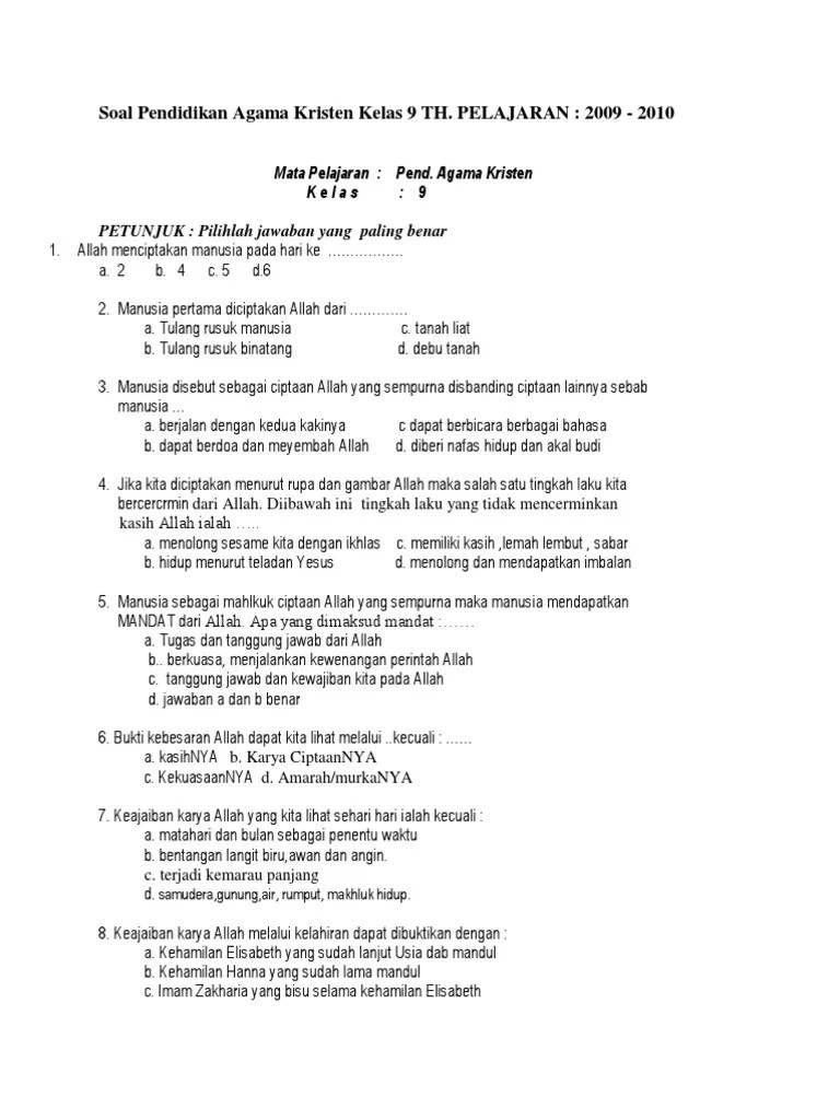 Soal Agama Kristen Kelas Xi Dan Kunci Jawaban