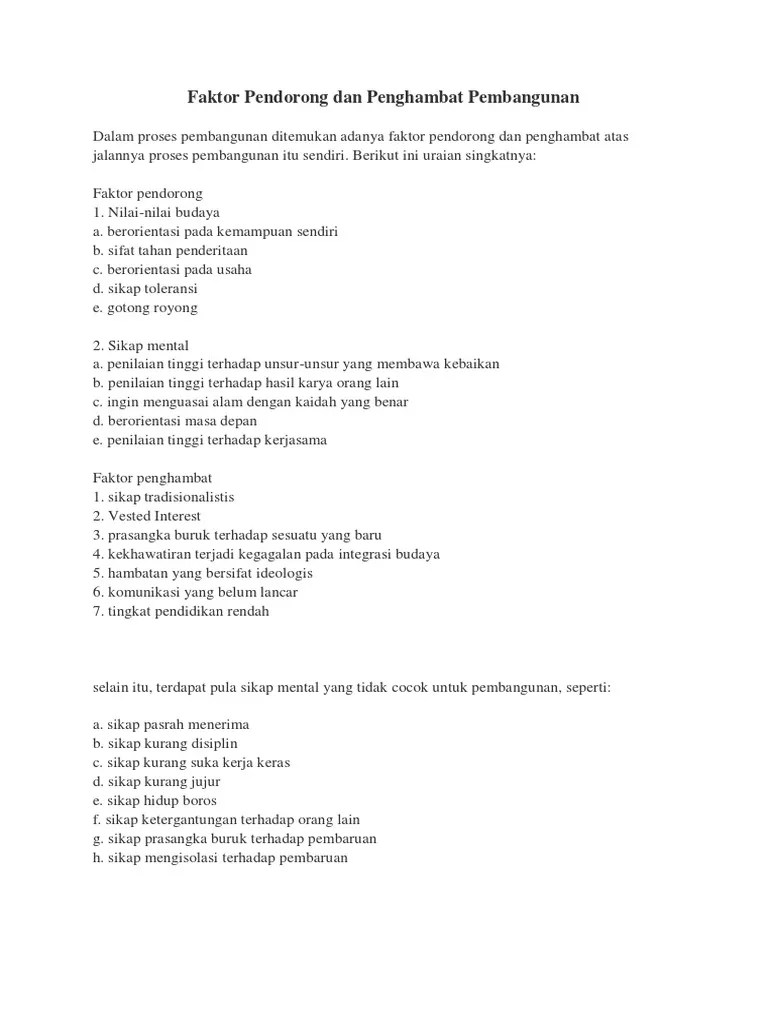 Faktor Pendorong Dan Penghambat Pembangunan | PDF