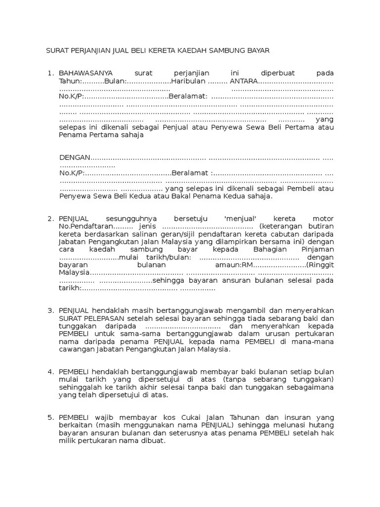 surat perjanjian jual beli kereta kaedah sambung bayar