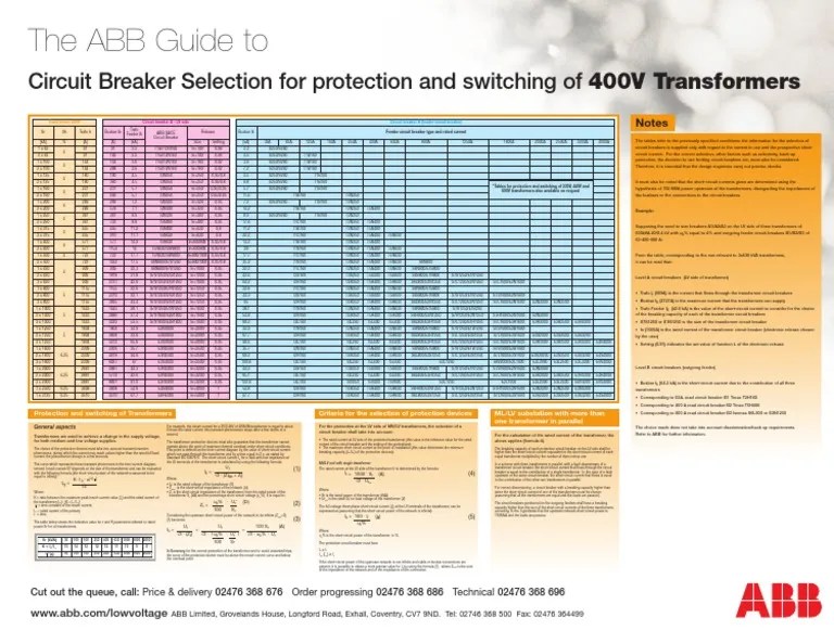 Circuit Breaker Selection for protection and switching of 400V Transformers