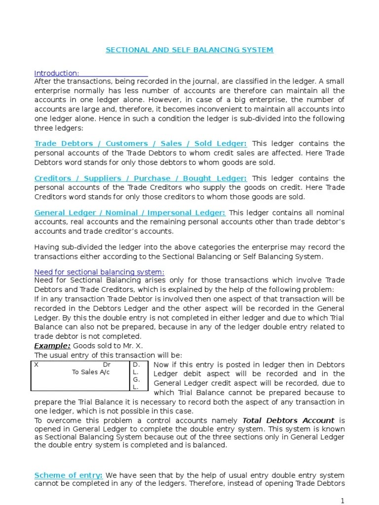 Sectional and Self Balancing System Ledger Debits And Credits