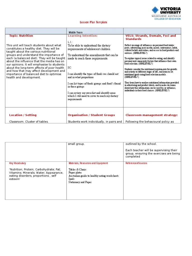 Lesson Plan Diet (Nutrition) Diet & Nutrition