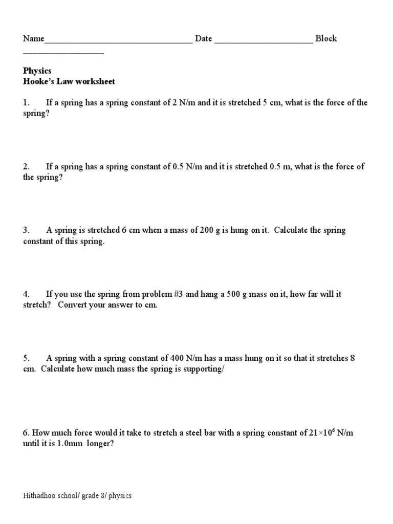 Hooke's Law Worksheet Mass Building Engineering