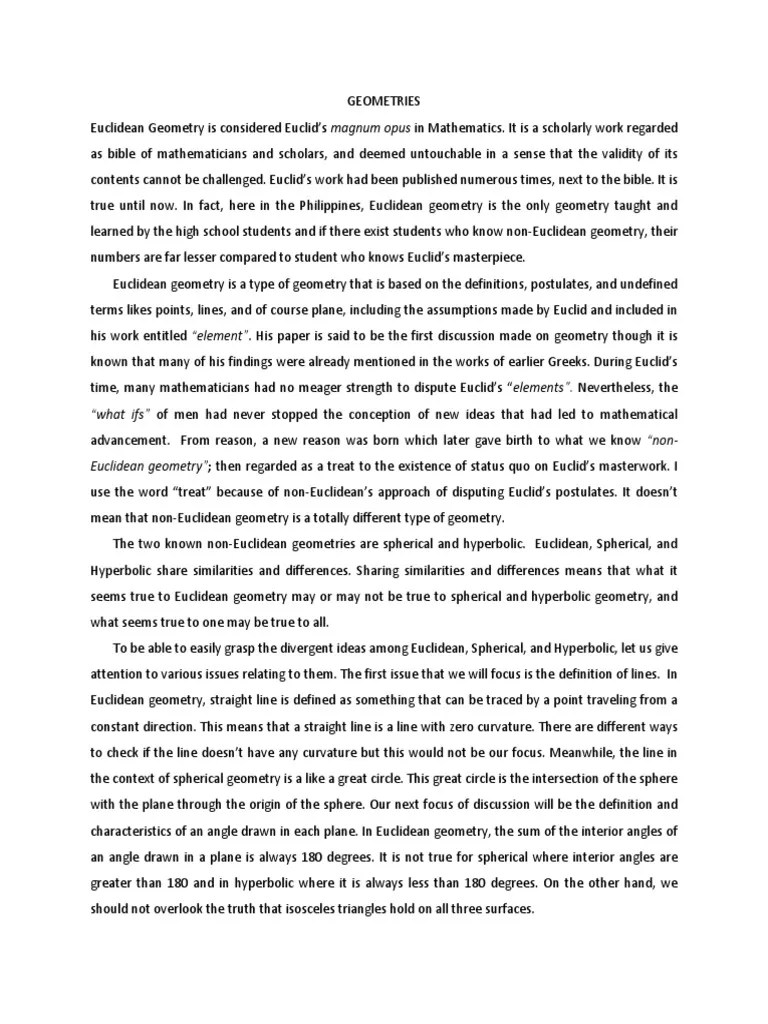 A Comparative Analysis of Euclidean and NonEuclidean Geometries